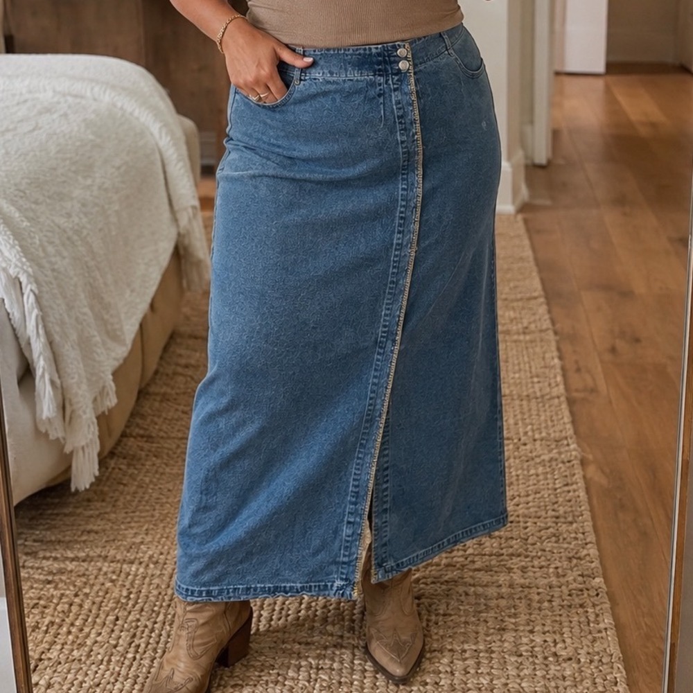 Vintage Ruff Hewn Denim Midi Skirt Women 12 Blue Cotton Wrap  Made USA A7